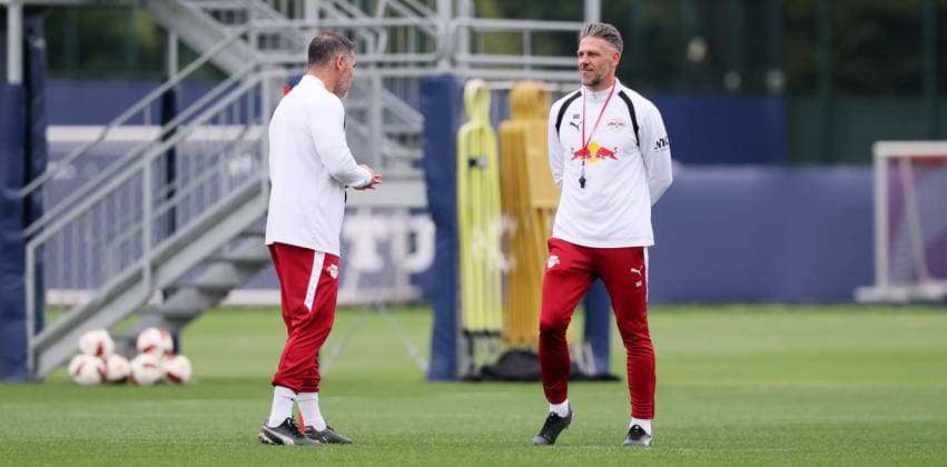 Leipzig, September 14, 2026, Red Bull Academy, Soccer, Bundesliga 1, RB Leipzig, Training, Pictured from left: Assistant Coach Cristian Fiel, Head Coach Martin Demichelis, RB Leipzig, For editorial use only, Picture Point