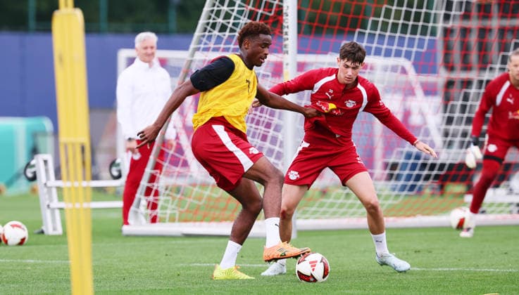 Leipzig, September 14, 2026, Red Bull Academy, Soccer, Bundesliga 1, RB Leipzig, Training, Pictured from left: Abdoul Kone, Andrija Maksimovic, For editorial use only, Picture Point