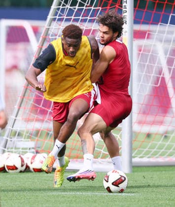 Leipzig, September 14, 2026, Red Bull Academy, Soccer, Bundesliga 1, RB Leipzig, Training, Pictured from left: Abdoul Kone, Max Finkgräfe Finkgraefe, For editorial use only, Picture Point