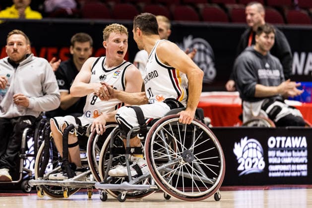 OTTAWA, CANADA - SEPTEMBER 14: Tobias Hell (Germany, 8) and Nico Dreimueller (Dreimüller, Germany, 17) shake hands during the Ottawa IWBF Wheelchair Basketball World Championships match between Germany vs. Colombia at Arena at TD Place on matchday 6 of the Ottawa IWBF Wheelchair Basketball World Championships on September 14, 2026 in Ottawa, Canada. Canada Copyright: xSteffiexWunderlx