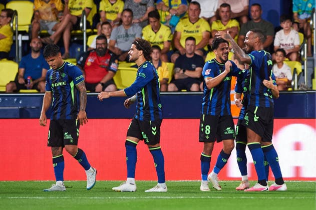 A Real Betis player celebrates after scoring his team s second goal during the LaLiga EA Sports match between Villarreal CF and Real Betis Balompie at Estadio de la Cerámica on September 14, 2026, in Villarreal, Spain