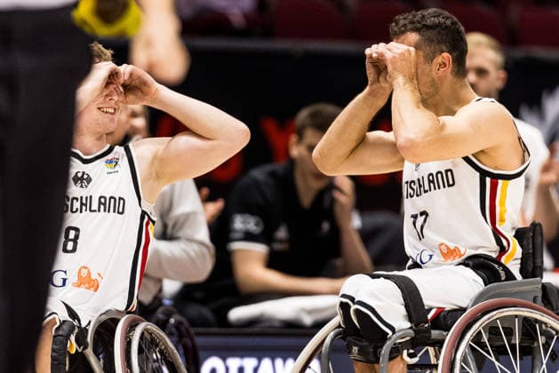 OTTAWA, CANADA - SEPTEMBER 14: Tobias Hell (Germany, 8) and Nico Dreimueller (Dreimüller, Germany, 17) cheer during the Ottawa IWBF Wheelchair Basketball World Championships match between Germany vs. Colombia at Arena at TD Place on matchday 6 of the Ottawa IWBF Wheelchair Basketball World Championships on September 14, 2026 in Ottawa, Canada. Canada Copyright: xSteffiexWunderlx