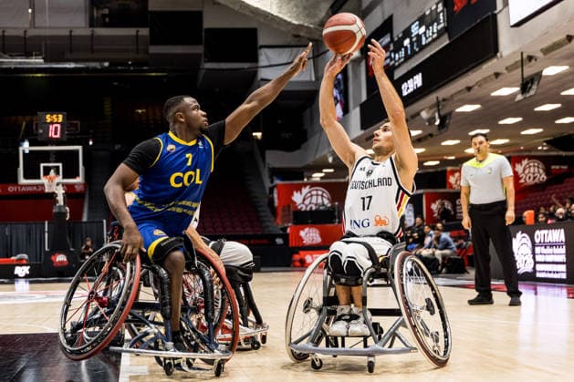 OTTAWA, CANADA - SEPTEMBER 14: Nico Dreimueller (Dreimüller, Germany, 17) controls the ball against Luis Angulo (Colombia, 7) during the Ottawa IWBF Wheelchair Basketball World Championships match between Germany vs. Colombia at Arena at TD Place on matchday 6 of the Ottawa IWBF Wheelchair Basketball World Championships on September 14, 2026 in Ottawa, Canada. Canada Copyright: xSteffiexWunderlx