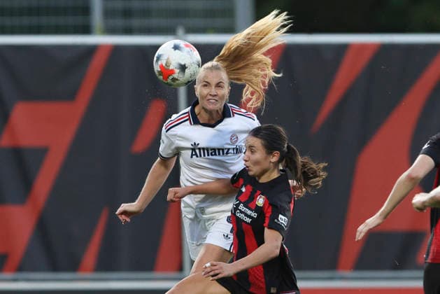 Glodis Perla Viggosdottir of FC Bayern Munich and Loreen Bender of Bayer 04 Leverkusen in a tackle during the Women s Bundesliga match between Bayer 04 Leverkusen and FC Bayern Munich, at Ulrich Haberland Stadium on September 14, 2026, in Leverkusen, Germany. Photo by Oliver Kaelke, DeFodi Images. Glodis Perla Viggosdottir of FC Bayern Munich and Loreen Bender of Bayer 04 Leverkusen battle for the ball during the Bundesliga match between Bayer 04 Leverkusen and FC Bayern Munich at Ulrich Haberland Stadium on September 14, 2026 in Leverkusen, Germany. Photo by Oliver Kaelke, DeFodi Images. DFB and DFL regulations prohibit any use of photographs as image sequences and or quasi-video. Photo by Oliver Kaelke, DeFodi Images.