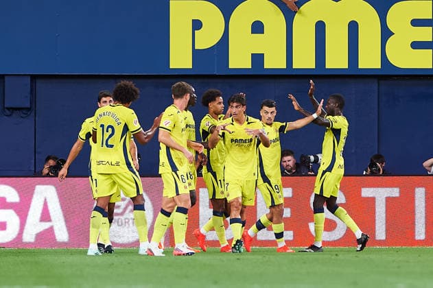 A Villarreal CF player celebrates after scoring his team s first goal during the LaLiga EA Sports match between Villarreal CF and Real Betis Balompie at Estadio de la Cerámica on September 14, 2026, in Villarreal, Spain