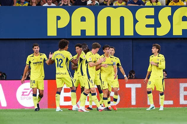A Villarreal CF player celebrates after scoring his team s first goal during the LaLiga EA Sports match between Villarreal CF and Real Betis Balompie at Estadio de la Cerámica on September 14, 2026, in Villarreal, Spain