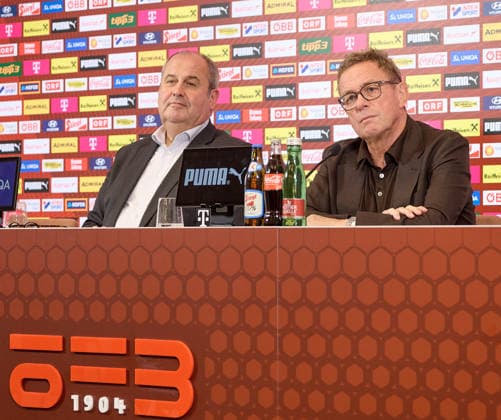 Vienna, September 14, 2026, ÖFB Press Conference: This afternoon, the roster for the men’s national team for the upcoming Nations League was announced during a press conference held at the Austrian Football Association (ÖFB) headquarters. PHOTO: Chairman of the Board and ÖFB President Josef Pröll (left) and Nationalcoach Ralf Rangnick during the press conference. Vienna, AUSTRIA: This afternoon, the squad for the men’s national team for the upcoming Nations League was announced at a press conference held at the Austrian Football Association’s headquarters (ÖFB), Football Association, soccer, World Cup USA recap, European Championship, Proell, Proll, ÖFB Press Conference: Squad Announcement