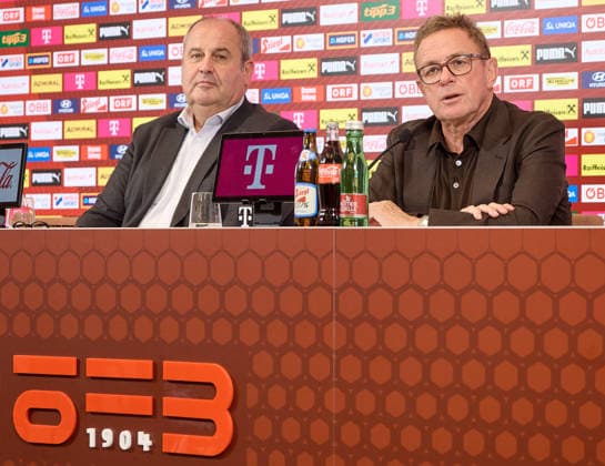 Vienna, September 14, 2026, ÖFB Press Conference: This afternoon, the roster for the men’s national team for the upcoming Nations League was announced during a press conference held at the Austrian Football Association (ÖFB) headquarters. PHOTO: Chairman of the Board and ÖFB President Josef Pröll (left) and Nationalcoach Ralf Rangnick during the press conference. Vienna, AUSTRIA: This afternoon, the squad for the men’s national team for the upcoming Nations League was announced at a press conference held at the Austrian Football Association’s headquarters (ÖFB), Football Association, soccer, World Cup USA recap, European Championship, Proell, Proll, ÖFB Press Conference: Squad Announcement