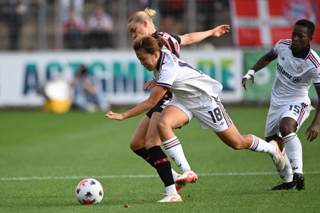 Cornelia KRAMER LEV vs. Momoko TANIKAWA M Action, Tackle, Bayer 04 Leverkusen vs. FC Bayern Munich 2–3 Soccer Google Pixel Women s Bundesliga 2026–2027 Season, Matchday 4, on September 14, 2026, at Ulrich Habeland Stadium in Leverkusen, Â