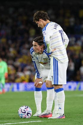 14th September 2026; Elland Road, Leeds, West Yorkshire, England; Premier League Football, Leeds United versus Newcastle United; Harry Wilson of Leeds United and Brenden Aaronson of Leeds United stand over a free kick AidanxHunter