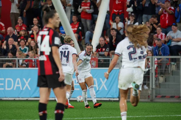 September 14, 2026, xgrfx, Soccer Google Pixel Women s Bundesliga, Bayer Leverkusen vs. FC Bayern Munich, Goal, Alara scores the 2-3 goal for FC Bayern Munich against Leverkusen