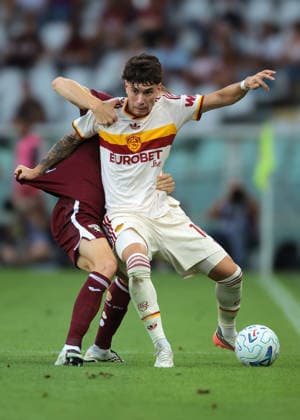 Torino FC v AS Roma - Serie A - Season 2026-2027 Turin, Italy, 14th September 2026. Pietro Comuzzo of Torino FC tussles with Matias Soule of AS Roma during the Torino FC vs AS Roma Serie A match at Stadio Grande Torino, Turin. Picture credit should read: Jonathan Moscrop Turin Stadio Olimpico Grande Torino Italy