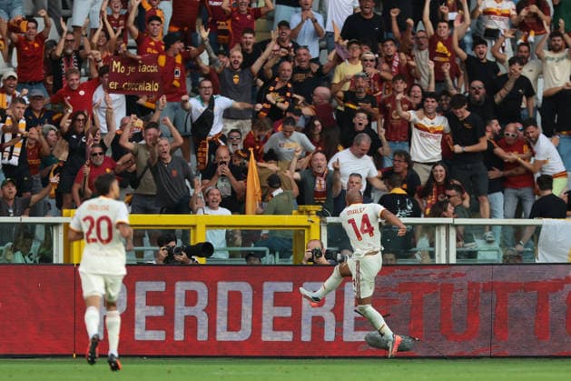 Torino FC v AS Roma - Serie A - Season 2026-2027 Turin, Italy, 14th September 2026. Donyell Malen of AS Roma celebrates by kicking a pitchside microphone after scoring past Lucas Perri of Torino FC to give the visitors a 1-0 lead during the Torino FC vs AS Roma Serie A match at Stadio Grande Torino, Turin. Picture credit should read: Jonathan Moscrop Turin Stadio Olimpico Grande Torino Italy