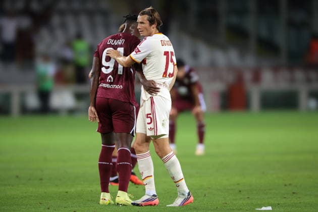Torino FC v AS Roma - Serie A - Season 2026-2027 Turin, Italy, 14th September 2026. Former Atalanta BC team mates Duvan Zapata of Torino FC and Marten De Roon of AS Roma salute each other following the final whistle of the Torino FC vs AS Roma Serie A match at Stadio Grande Torino, Turin. Picture credit should read: Jonathan Moscrop Turin Stadio Olimpico Grande Torino Italy