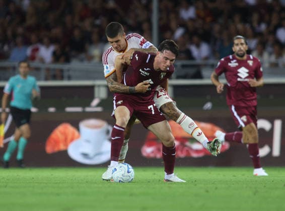 SOCCER - Serie A - Torino FC vs. AS Roma Photo by IPA ABACAPRESS.COM88539580 - Alessio Cacciamani of Torino FC and Gianluca Mancini of AS Roma during the Italian Serie A 20026 27 season soccer match between Torino FC and AS Roma on September 14, 2026, at the Stadio Olimpico Grande Torino in Turin, Italy. Photo by Nderim KACELI Turin Italy  Copyright: xIPAxSport ABACAx