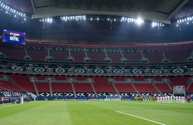 September 14, 2026, Al Khor, Qatar: Players of Al Shamal SC and Al Ittihad Club observe a moment of solidarity beneath a stadium display reading Ã’AFC STANDS WITH NEPALO prior to the AFC Champions League elite west football match between Qatar s Al Shamal SC and Saudi Arabia s Al Ittihad Club at Al Bayt Stadium. Final score; Al Shamal SC 1 : 1 Al Ittihad Club. Al Khor Qatar - ZUMAs197 20260914_aaa_s197_220 Copyright: xNoushadxVariyattiyakkalx
