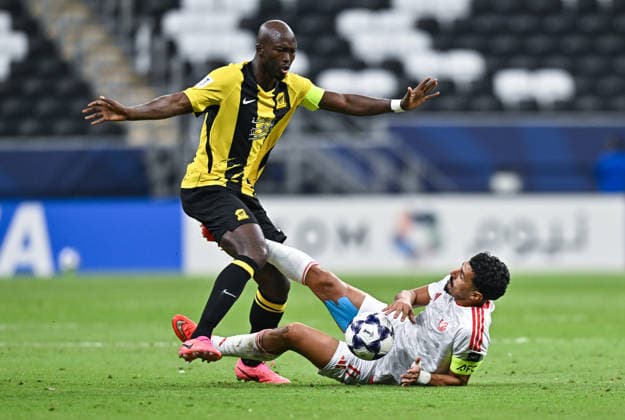 September 14, 2026, Al Khor, Qatar: Baghdad Bounedjah (bottom) of Al Shamal SC and Danilo Luis (L) of Al Ittihad Club seen in action during the AFC Champions League elite west football match between Qatar s Al Shamal SC and Saudi Arabia s Al Ittihad Club at Al Bayt Stadium. Final score; Al Shamal SC 1 : 1 Al Ittihad Club. Al Khor Qatar - ZUMAs197 20260914_aaa_s197_246 Copyright: xNoushadxVariyattiyakkalx