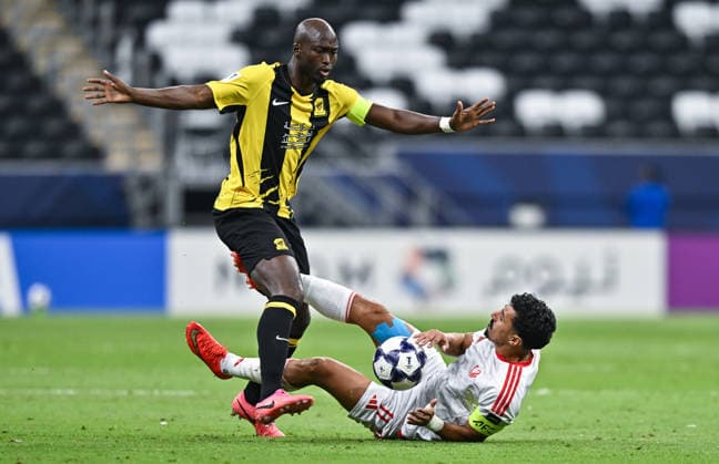 September 14, 2026, Al Khor, Qatar: Baghdad Bounedjah (bottom) of Al Shamal SC and Danilo Luis (L) of Al Ittihad Club seen in action during the AFC Champions League elite west football match between Qatar s Al Shamal SC and Saudi Arabia s Al Ittihad Club at Al Bayt Stadium. Final score; Al Shamal SC 1 : 1 Al Ittihad Club. Al Khor Qatar - ZUMAs197 20260914_aaa_s197_250 Copyright: xNoushadxVariyattiyakkalx