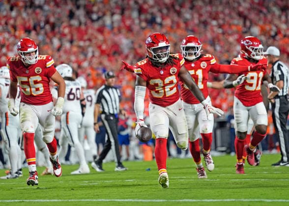 Kansas City Chiefs linebacker Nick Bolton (32) celebrates a pass deflection against Denver Broncos quarterback Bo Nix (10) on Monday Night Football at Arrowhead Stadium in Kansas City, Missouri on Monday September 14, 2026.  KCP2026091422 JONxROBICHAUD