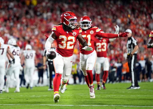 Kansas City Chiefs linebacker Nick Bolton (32) celebrates a turnover against the Broncos that was later ruled an incomplete pass on Monday Night Football at Arrowhead Stadium in Kansas City, Missouri on Monday September 14, 2026.  KCP2026091423 JONxROBICHAUD