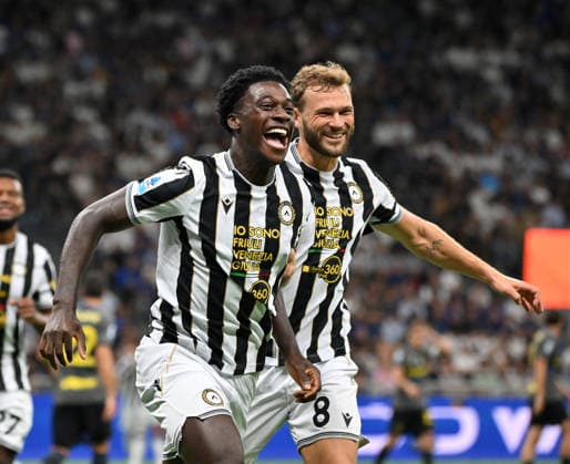 (260915) -- MILAN, Sept. 15, 2026 -- Udinese s James Abankwah (L) celebrates his goal during a Serie A soccer match between Inter Milan and Udinese in Milan, Italy, Sept.14, 2026. (Photo by Xinhua) (SP)ITALY-MILAN-FOOTBALL-SERIE A-INTER MILAN VS UDINESE AlbertoxLingria 