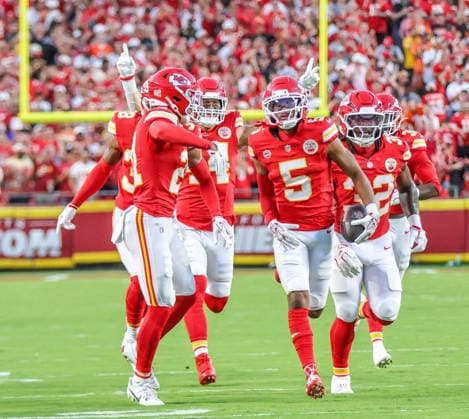 Sep 14, 2026: Kansas City Chiefs cornerback Mansoor Delane (5) gets the interception in the 1st quarter against the Denver Broncos Kansas City, MO, USA; at Arrowhead Stadium. Mandatory Credit: -Cal Media Kansas City USA - ZUMAc04_ 20260914_zma_c04_050 Copyright: xRomanxPunox