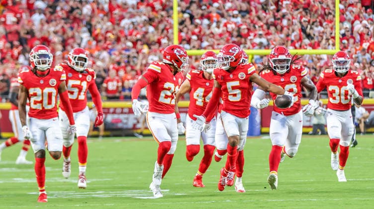Sep 14, 2026: Kansas City Chiefs cornerback Mansoor Delane (5) gets the interception in the 1st quarter against the Denver Broncos Kansas City, MO, USA; at Arrowhead Stadium. Mandatory Credit: -Cal Media Kansas City USA - ZUMAc04_ 20260914_zma_c04_052 Copyright: xRomanxPunox