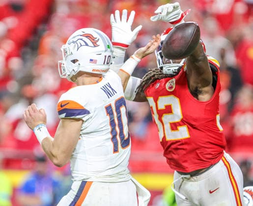 Sep 14, 2026: Kansas City Chiefs linebacker Nick Bolton (32) deflects the pass from Denver Broncos quarterback Bo Nix (10) in the 4th quarter against the Denver Broncos in Kansas City, MO, USA; at Arrowhead Stadium. Mandatory Credit: -Cal Media Kansas City USA - ZUMAc04_ 20260914_zma_c04_064 Copyright: xRomanxPunox
