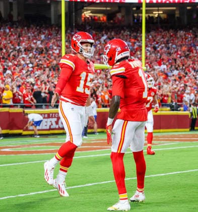 Sep 14, 2026: Kansas City Chiefs quarterback Patrick MahomesÃ‚ (15) celebrates with Kansas City Chiefs wide receiver Xavier Worthy (1) after scoring a touchdown against the Denver Broncos in Kansas City, MO, USA; at Arrowhead Stadium. Mandatory Credit: -Cal Media Kansas City USA - ZUMAc04_ 20260914_zma_c04_067 Copyright: xRomanxPunox