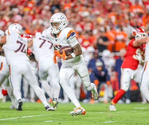 Sep 14, 2026: Denver Broncos wide receiver Troy Franklin (11) runs an end around play against the Kansas City Chiefs in Kansas City, MO, USA; at Arrowhead Stadium. Mandatory Credit: -Cal Media Kansas City USA - ZUMAc04_ 20260914_zma_c04_079 Copyright: xRomanxPunox