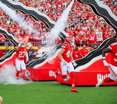 Sep 14, 2026: Kansas City Chiefs linebacker Cooper McDonald (44) and Kansas City Chiefs linebacker Drue Tranquill (23) runs onto the field during introduction before the game against the Denver Broncos in Kansas City, MO, USA; at Arrowhead Stadium. Mandatory Credit: -Cal Media Kansas City USA - ZUMAc04_ 20260914_zma_c04_082 Copyright: xRomanxPunox