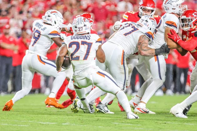 Sep 14, 2026: Denver Broncos running back J.K. Dobbins (27) runs a play against the Kansas City Chiefs in Kansas City, MO, USA; at Arrowhead Stadium. Mandatory Credit: -Cal Media Kansas City USA - ZUMAc04_ 20260914_zma_c04_097 Copyright: xRomanxPunox