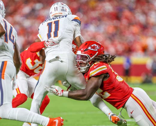 Sep 14, 2026: Denver Broncos wide receiver Troy Franklin (11) gets tackled by Kansas City Chiefs linebacker Nick Bolton (32) in Kansas City, MO, USA; at Arrowhead Stadium. Mandatory Credit: -Cal Media Kansas City USA - ZUMAc04_ 20260914_zma_c04_083 Copyright: xRomanxPunox