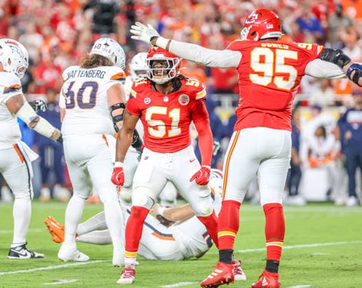 Sep 14, 2026: Kansas City Chiefs defensive end R Mason Thomas (51) sacks Denver Broncos quarterback Bo Nix (10) in Kansas City, MO, USA; at Arrowhead Stadium. Mandatory Credit: -Cal Media Kansas City USA - ZUMAc04_ 20260914_zma_c04_090 Copyright: xRomanxPunox