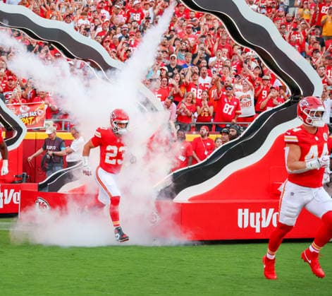 Sep 14, 2026: Kansas City Chiefs linebacker Cooper McDonald (44) and Kansas City Chiefs linebacker Drue Tranquill (23) runs onto the field during introduction before the game against the Denver Broncos in Kansas City, MO, USA; at Arrowhead Stadium. Mandatory Credit: -Cal Media Kansas City USA - ZUMAc04_ 20260914_zma_c04_100 Copyright: xRomanxPunox