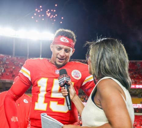 Sep 14, 2026: Kansas City Chiefs quarterback Patrick MahomesÃ‚ (15) gets interviewed after the game against the Denver Broncos in Kansas City, MO, USA; at Arrowhead Stadium. Mandatory Credit: -Cal Media Kansas City USA - ZUMAc04_ 20260914_zma_c04_114 Copyright: xRomanxPunox