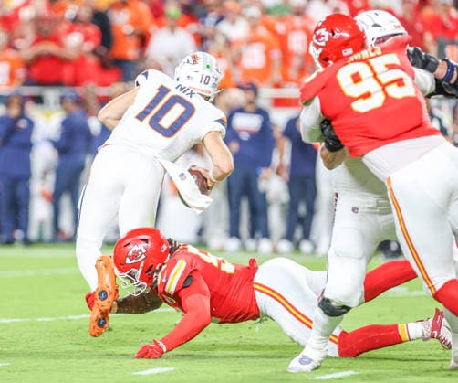 Sep 14, 2026: Kansas City Chiefs defensive end R Mason Thomas (51) sacks Denver Broncos quarterback Bo Nix (10) in Kansas City, MO, USA; at Arrowhead Stadium. Mandatory Credit: -Cal Media Kansas City USA - ZUMAc04_ 20260914_zma_c04_122 Copyright: xRomanxPunox