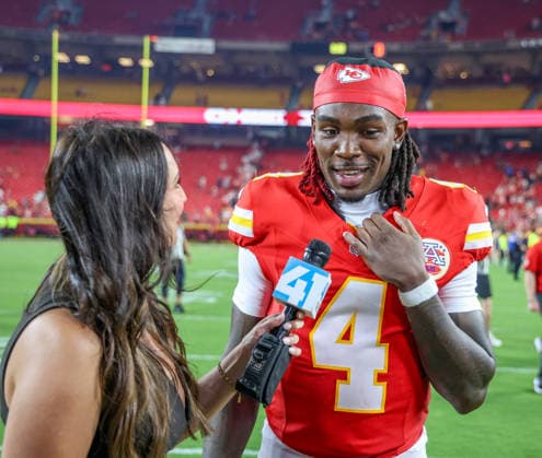 Sep 14, 2026: Kansas City Chiefs wide receiver Rashee Rice (4) gets interviewed after the game against the Denver Broncos in Kansas City, MO, USA; at Arrowhead Stadium. Mandatory Credit: -Cal Media Kansas City USA - ZUMAc04_ 20260914_zma_c04_139 Copyright: xRomanxPunox
