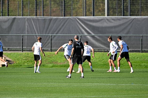 September 15, 2026, Mönchengladbach Soccer, Men s, 2026–2027 season, Borussia Mönchengladbach training session; Jan Moritz Lichte, interim coach of Gladbach, watches his players train from the sidelines. DFL regulations prohibit any use of photographs as image sequences and or quasi-video footage at Borussia Park, North Rhine-Westphalia, Germany