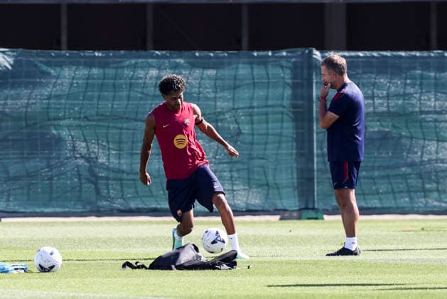 September 15, 2026, Sant Joan Despi, Barcelona, Spain: Lamine Yamal and Hansi Flick, head coach during the training day of FC Barcelona, Barca ahead the Spanish League, Laliga EA Sports, football match against Real Racing Club at Ciudad Esportiva Joan Gamper on September 15, 2026 in Sant Joan Despi, Barcelona, Spain. Sant Joan Despi Spain - ZUMAa181 20260915_zaa_a181_011 Copyright: xJavierxBorregox