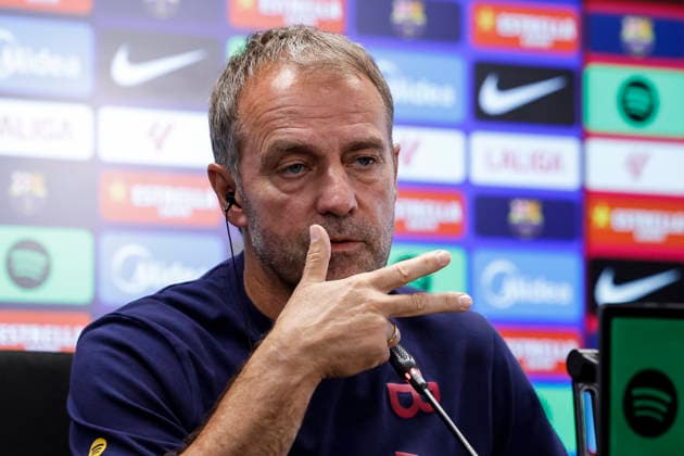 September 15, 2026, Sant Joan Despi, Barcelona, Spain: Hansi Flick, head coach of FC Barcelona, Barca attends his press conference, PK, Pressekonferenz during the training day of FC Barcelona ahead the Spanish League, LaLiga EA Sports, football match against Real Racing Club at Ciudad Esportiva Joan Gamper on September 15, 2026 in Sant Joan Despi, Barcelona, Spain. Sant Joan Despi Spain - ZUMAa181 20260915_zaa_a181_031 Copyright: xJavierxBorregox