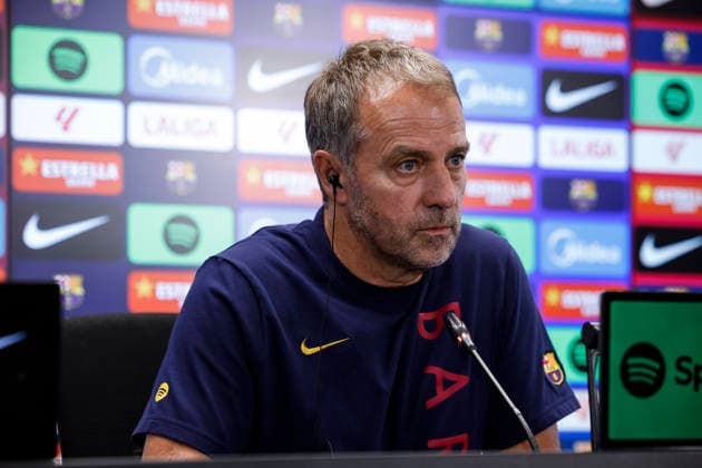 September 15, 2026, Sant Joan Despi, Barcelona, Spain: Hansi Flick, head coach of FC Barcelona, Barca attends his press conference, PK, Pressekonferenz during the training day of FC Barcelona ahead the Spanish League, LaLiga EA Sports, football match against Real Racing Club at Ciudad Esportiva Joan Gamper on September 15, 2026 in Sant Joan Despi, Barcelona, Spain. Sant Joan Despi Spain - ZUMAa181 20260915_zaa_a181_055 Copyright: xJavierxBorregox