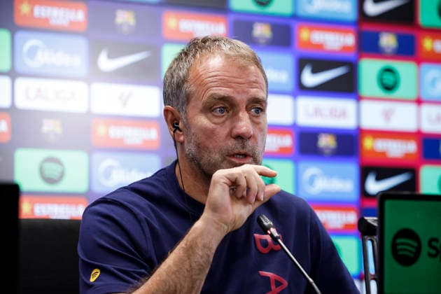 September 15, 2026, Sant Joan Despi, Barcelona, Spain: Hansi Flick, head coach of FC Barcelona, Barca attends his press conference, PK, Pressekonferenz during the training day of FC Barcelona ahead the Spanish League, LaLiga EA Sports, football match against Real Racing Club at Ciudad Esportiva Joan Gamper on September 15, 2026 in Sant Joan Despi, Barcelona, Spain. Sant Joan Despi Spain - ZUMAa181 20260915_zaa_a181_056 Copyright: xJavierxBorregox