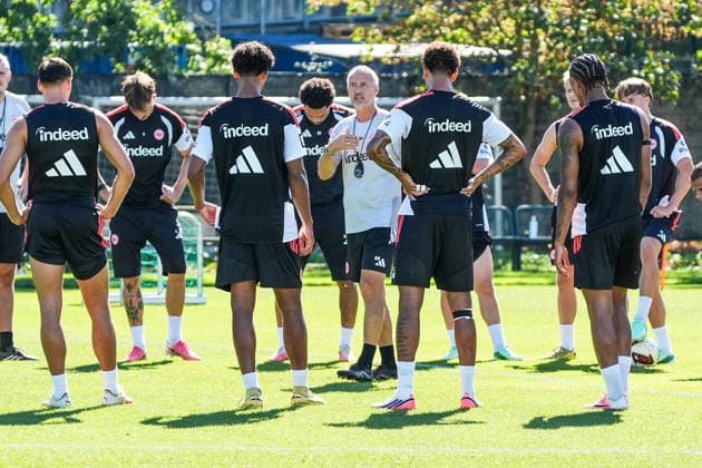 Coach Adi Hütter of Eintracht Frankfurt gives instructions during practice on September 15, 2026. Bundesliga, 2026–27 season. Eintracht Frankfurt practice