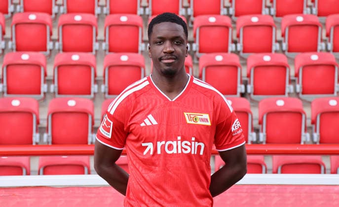 Stanley Nsoki 1 FC Union Berlin FCU Soccer 1 BL Bundesliga Photo Shoot Season 2026–2027 Headshot, Portrait, Introduction, Presentation, Press Event, GER 09 15 2026