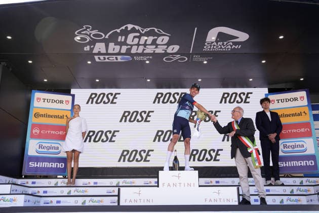 Italy s Alessandro Fancellu of MBH Bank CSB Telecom Fort winner of the stage on the podium during the Giro d™Abruzzo, stage 1 from Cupello to Casalincontrada (155 km) - Abruzzo, Italy - Tuesday, September 15, 2026. - cycling.  Copyright: xFabioxFerrari LaPressex