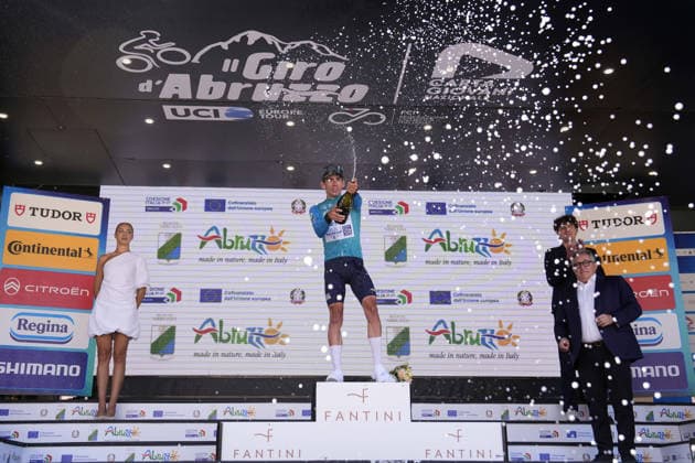 Italy s Alessandro Fancellu of MBH Bank CSB Telecom Fort winner of the stage on the podium during the Giro d™Abruzzo, stage 1 from Cupello to Casalincontrada (155 km) - Abruzzo, Italy - Tuesday, September 15, 2026. - cycling.  Copyright: xFabioxFerrari LaPressex