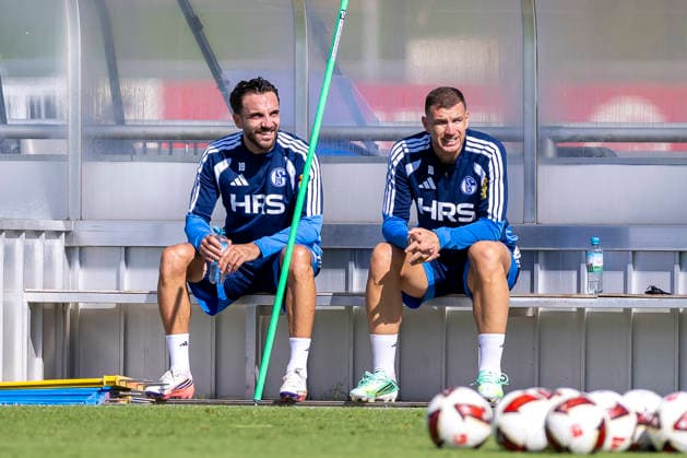 September 15, 2026, Soccer, FC Schalke 04 training session: Kenan Karaman (FC Schalke 04) and Edin Dzeko (FC Schalke 04) are on the bench at the FC Schalke 04 training facility in Gelsenkirchen, North Rhine-Westphalia, Germany xRHR PHOTO YYx Copyright: RHR-FOTOx RHR-FOTO YY