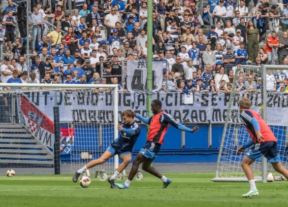 After a doping suspension: Mario Vuskovic s first training session with Hamburger SV. In the photo: Mario Vuskovic of Hamburger SV facing off against Patson Daka Â