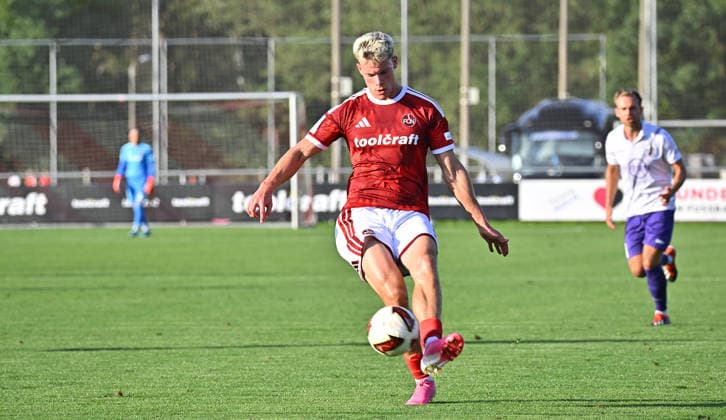 September 15, 2025 Soccer Season 2025–2026 Bavarian Regional League Matchday 09 FC Nuremberg II (FCN) vs. TSV Schwaben Augsburg MeZi xmexzix Levin Chiumento 9, 1 FC Nuremberg FCN II scores a goal with a shot on goal to make it 1–0